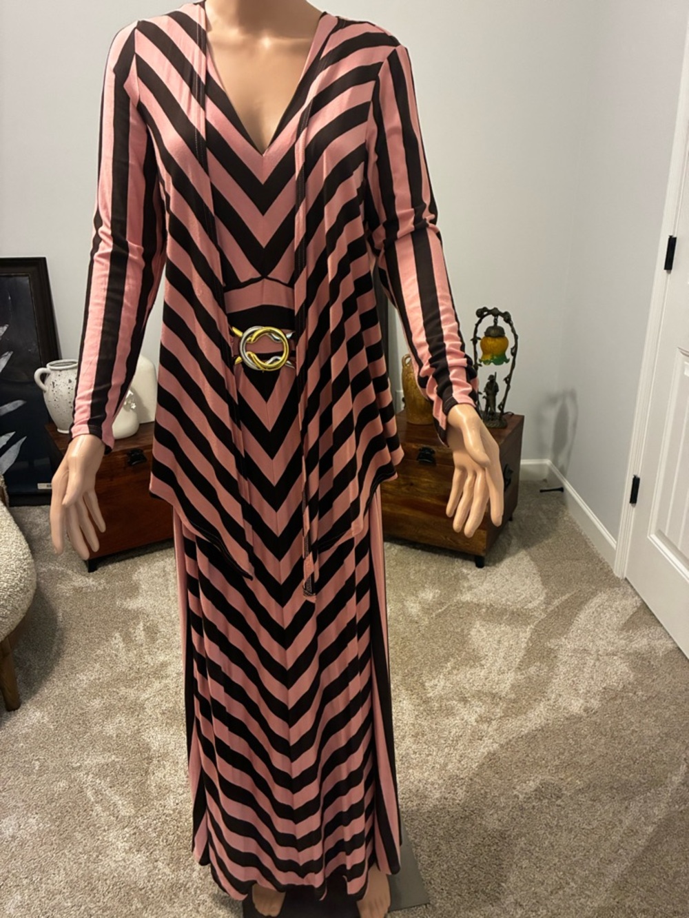 Sleeveless Pink and Brown V-Neck Striped Maxi Dress by Liz Lange.